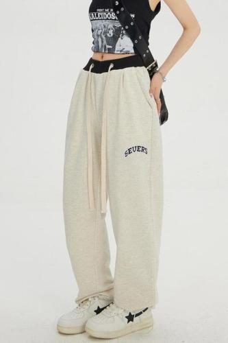 Real shot of American retro high-waisted loose wide-leg pants with drawstring ankles, sports pants, casual pants for women & longer trousers