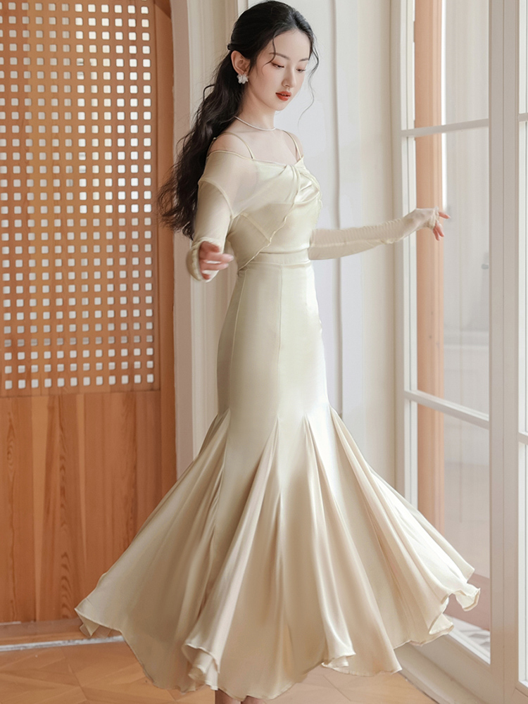 Satin suspender dress women's new chic ruffled high-end gentle style long skirt