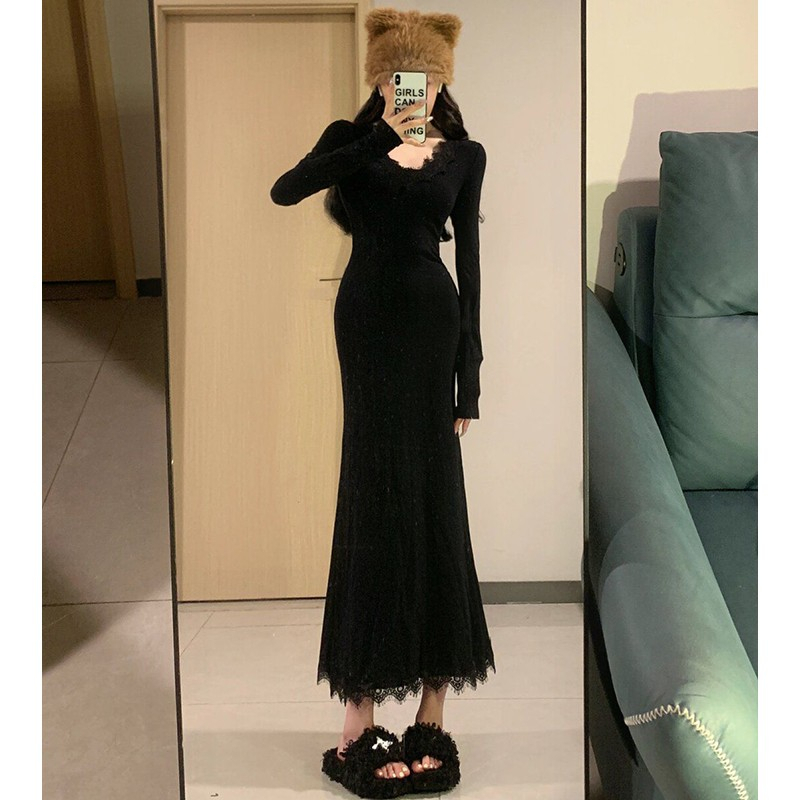 黑色蕾絲V領針織魚尾連衣裙女秋冬季年會戰袍內搭打底包臀長裙子