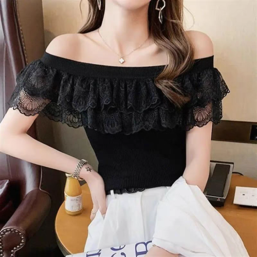 Ladies off-shoulder one-word collar short-sleeved sweater for women summer new style lace splicing ruffled top