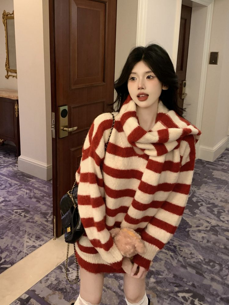 寬鬆慵懶風聖誕節紅色條紋毛衣女秋冬高級感中長款V領針織衫上衣