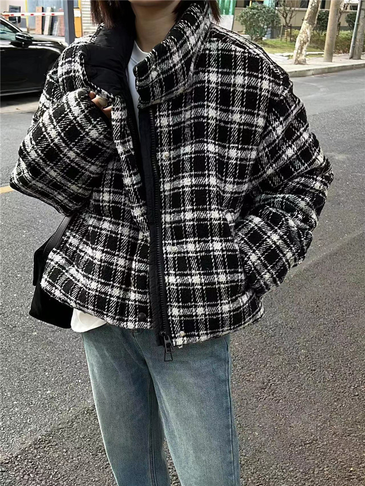European Checkerboard Checkerboard Stand Collar Velvet Bread Jacket Women's Winter Design Small Thickened Down Jacket