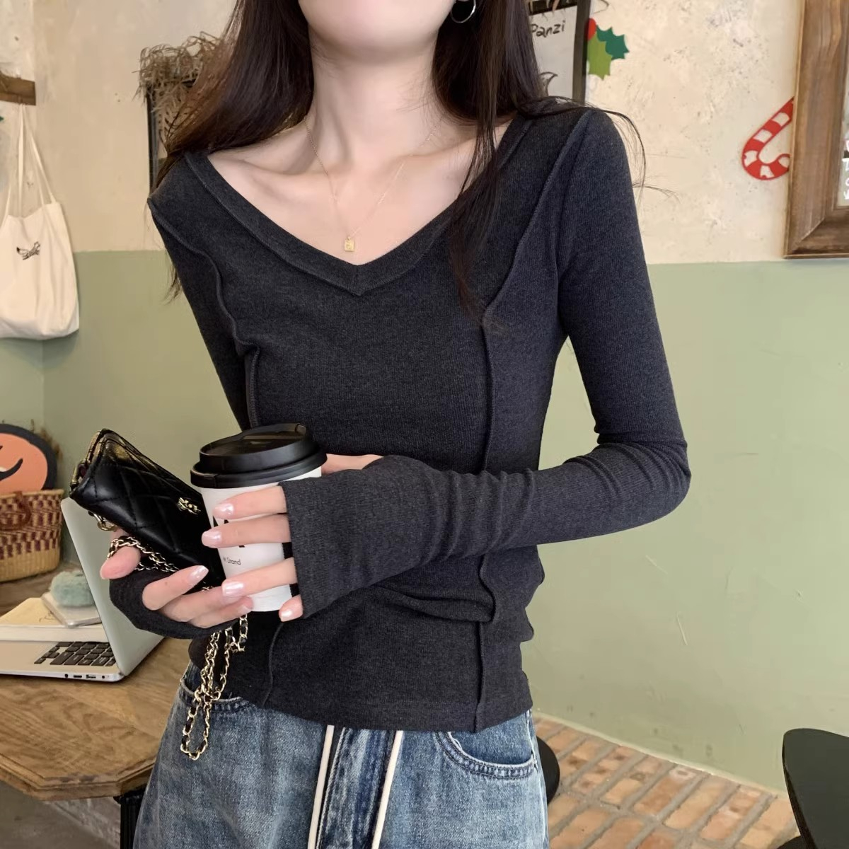 Official photo High-elastic ribbed velvet Slim-fitting base layer design niche fishbone top T-shirt