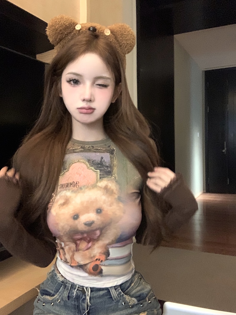 Real shot of pure lust hottie Maillard retro cat print round neck long sleeve T-shirt bottoming shirt for women
