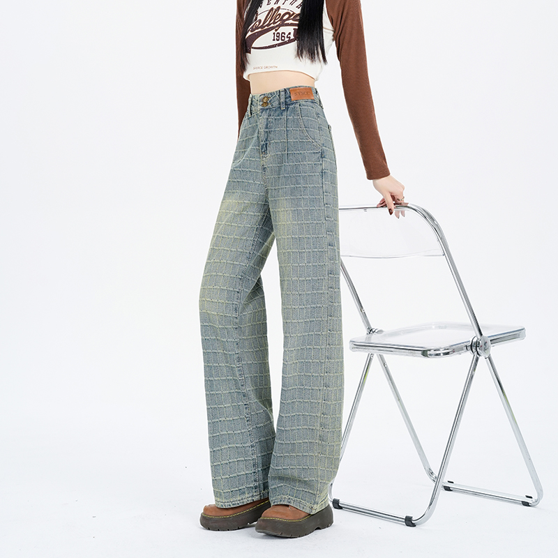 Actual shot ~ Distressed plaid high-waisted straight-leg loose jeans for women new slimming wide-leg jeans