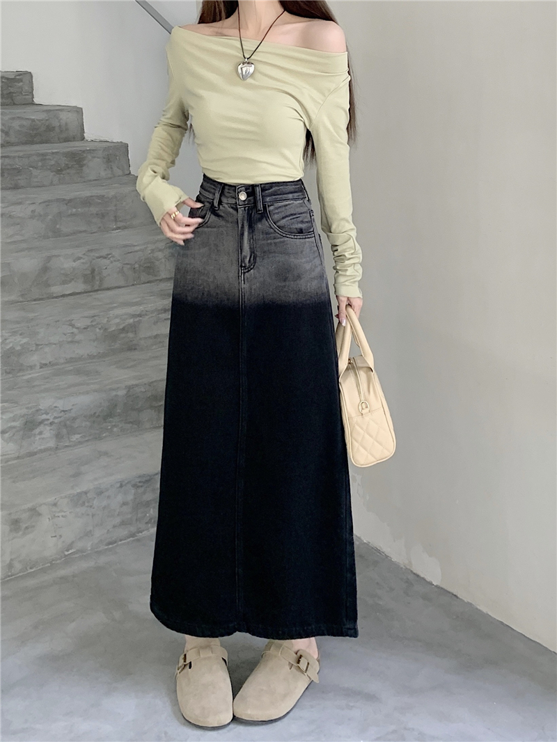 Actual shot ~ New design gradient color high waist slit niche denim A-line skirt for women