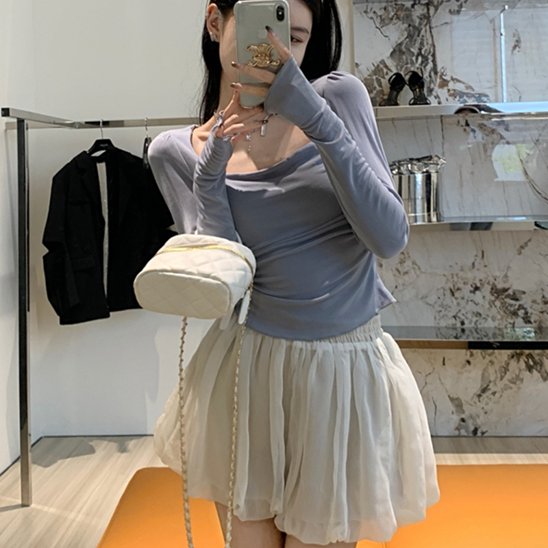 T恤女春秋辣妹方領緊身褶皺顯瘦長袖上衣+短花苞褲套裝