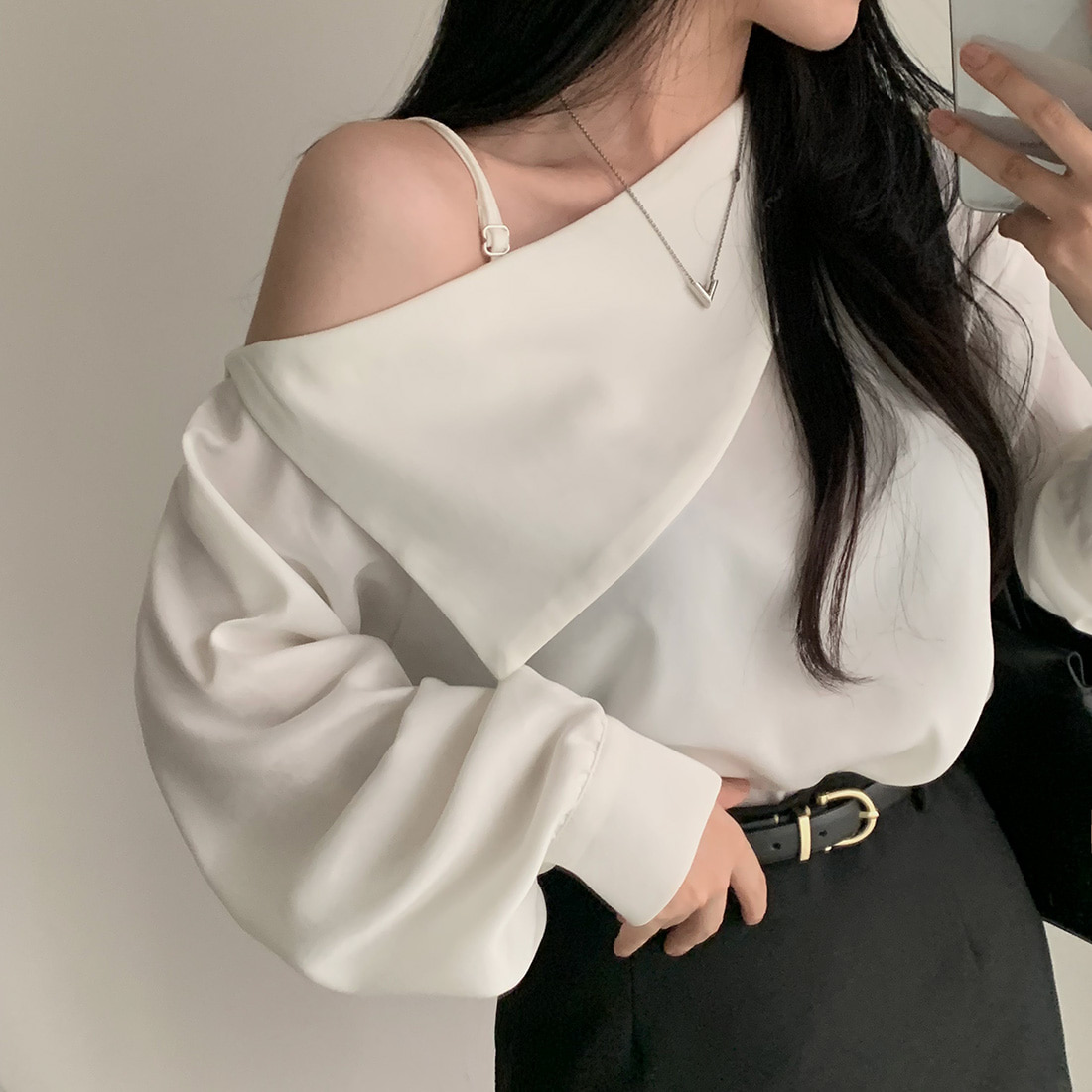 ins early spring large lapel off-shoulder long-sleeved shirt