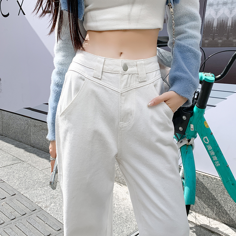 春款韓版牛仔褲女白色高腰寬鬆顯瘦拼接設計垂感闊腿直筒拖地褲