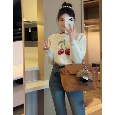 韓版重工亮片車厘子印花針織衫冬裝新款女慵懶圓領短款上衣毛線衣