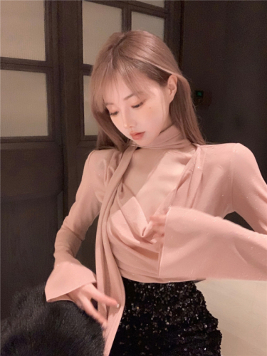 Real shot of new spring clothes for hot girls sexy sparkling swing collar scarf long-sleeved T-shirt for women