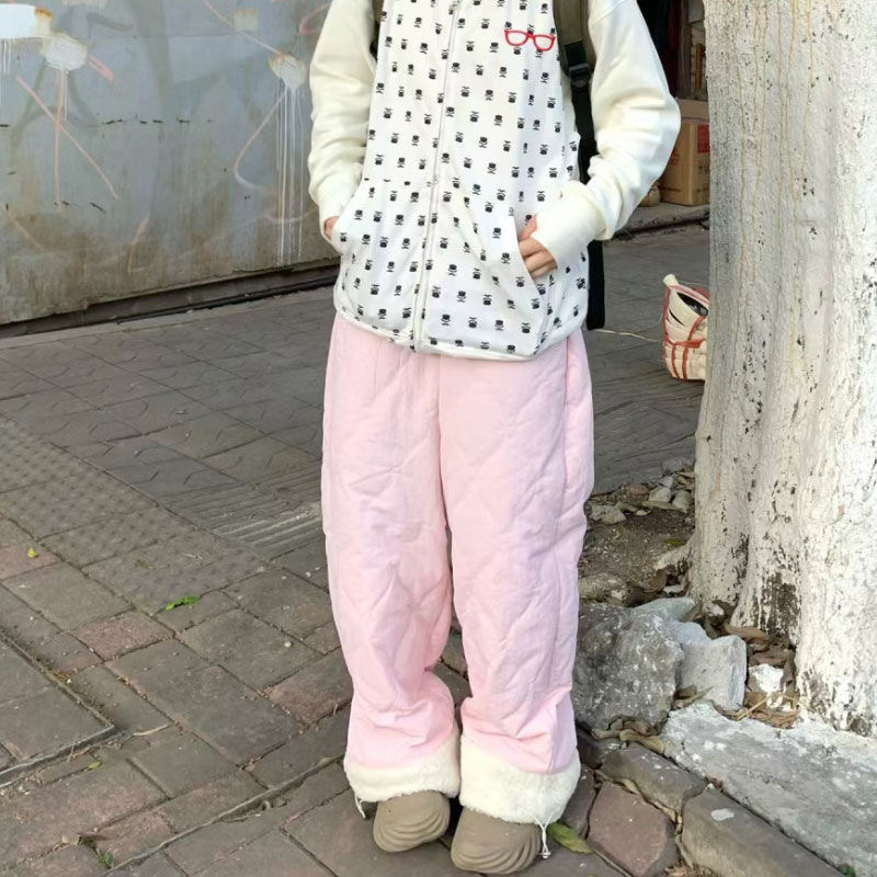 Plus velvet ins style Internet celebrity winter new rhombus loose cute stitching warm cotton pants for student girls