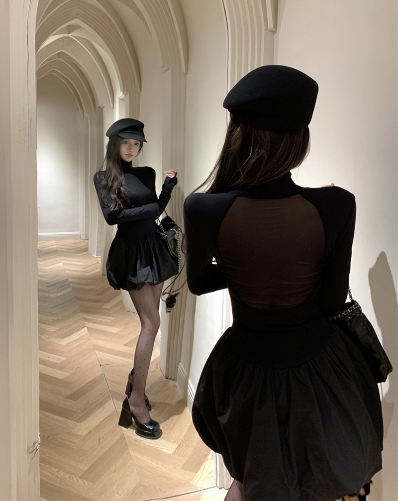 實拍性感黑色半高領連衣裙修身顯瘦拼接網紗花苞裙子蓬蓬裙女