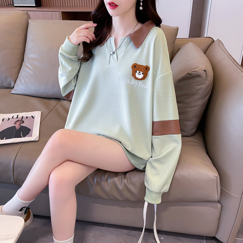 First real shot of 260g waffle back collar autumn new contrast color POLO collar long-sleeved top sweatshirt for women