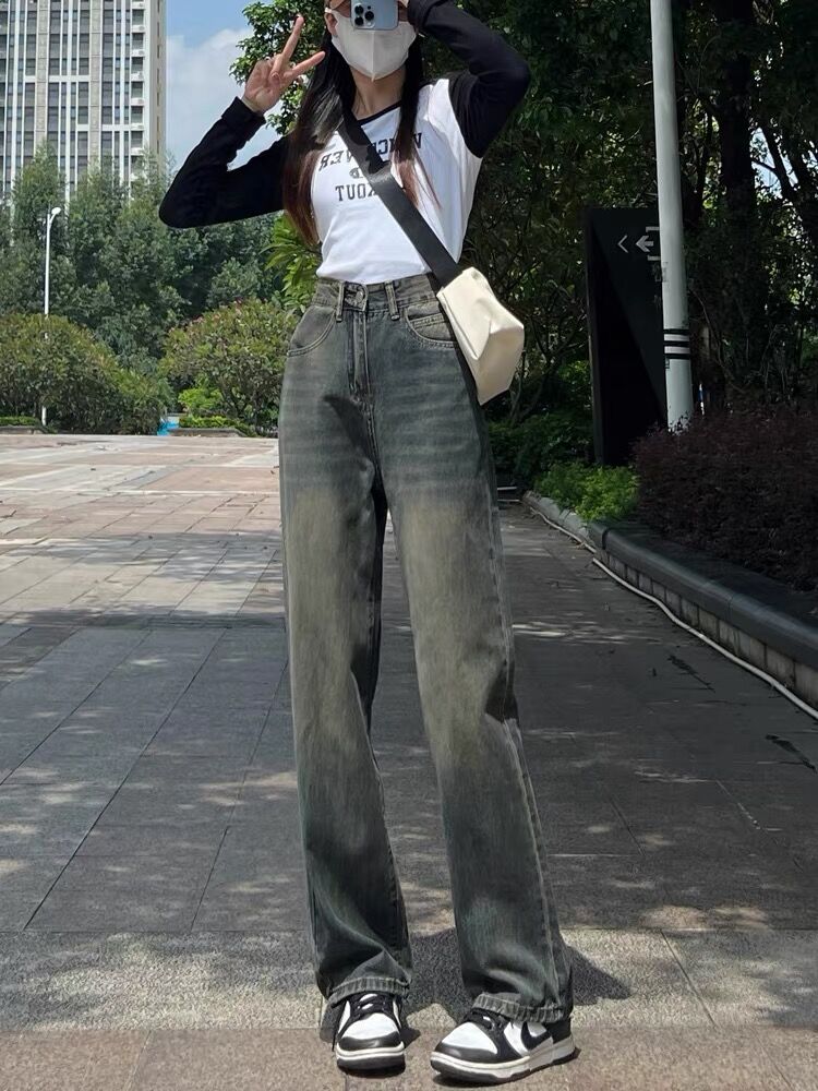 高腰闊腿牛仔褲女新款顯瘦百搭垂感復古水泥灰直筒拖地褲子