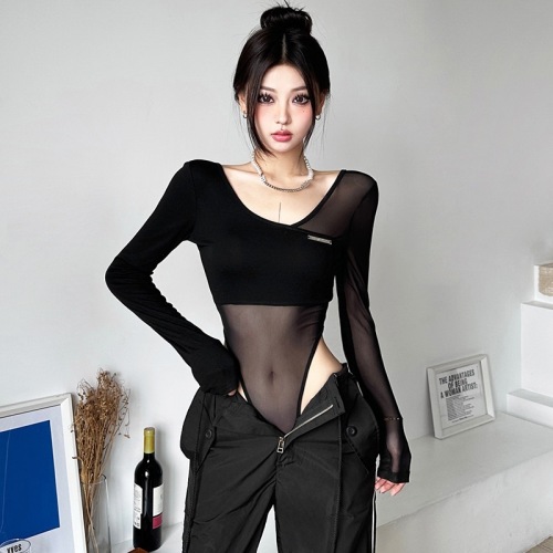 260g rayon spliced ​​mesh sexy sister style black mesh spliced ​​long-sleeved T-shirt women's bottoming jumpsuit