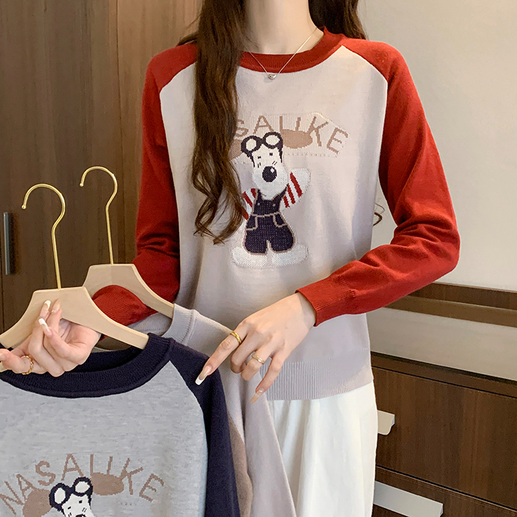實拍 2024春秋韓版一體絨卡通刺繡插肩袖長袖保暖針織衫毛衣女