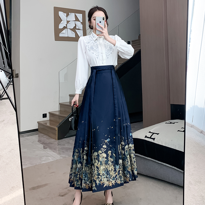實拍 螢火之森新中式國風明制漢服國風仿妝花馬面通勤刺繡襯衣春