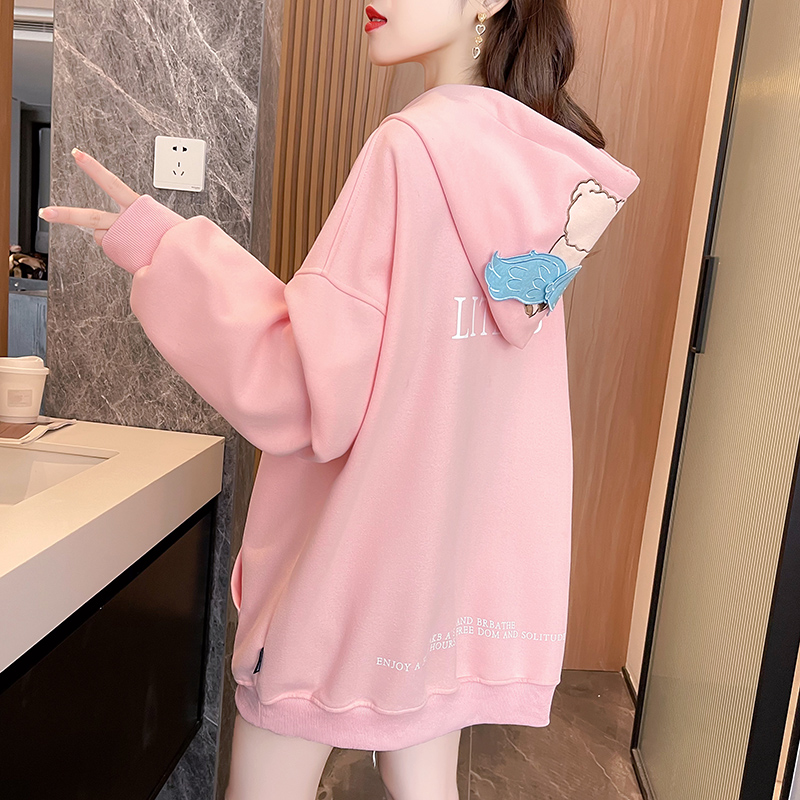 實拍-2024春裝純棉華棉韓版寬鬆連帽刺繡大碼女裝薄款衛衣女