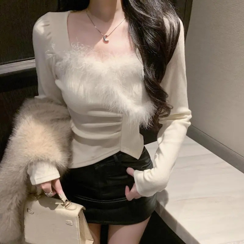 Furry square collar high-end irregular slim-fitting top with design sense bottoming shirt for women