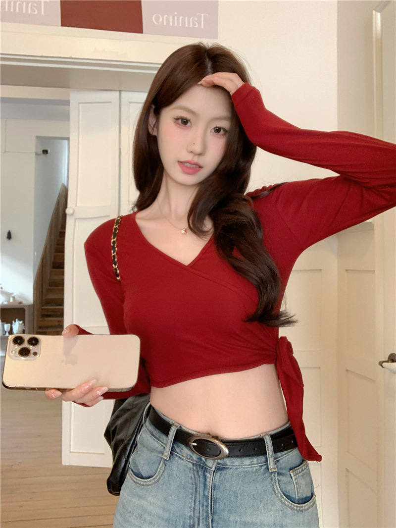 Actual shot ~ Spring and summer slimming V-neck sunscreen knotted T-shirt lace-up short cross-over discreet top
