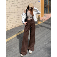 Photographed 2024 Spring and Autumn New Style High-Waisted Front-Zip Pleated Design Loose Wide-Leg Floor-Length Pants