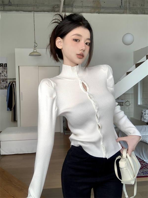實拍Polo領泡泡袖毛衣女秋冬寬鬆紐扣設計感港風開衫打底