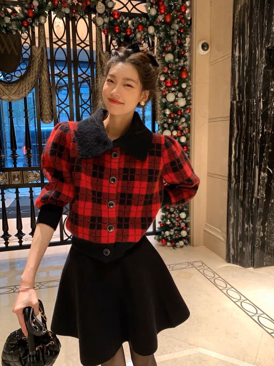SourceWithURudolph cardigan New Year's holiday atmosphere lapel sweater women's plaid sweater top