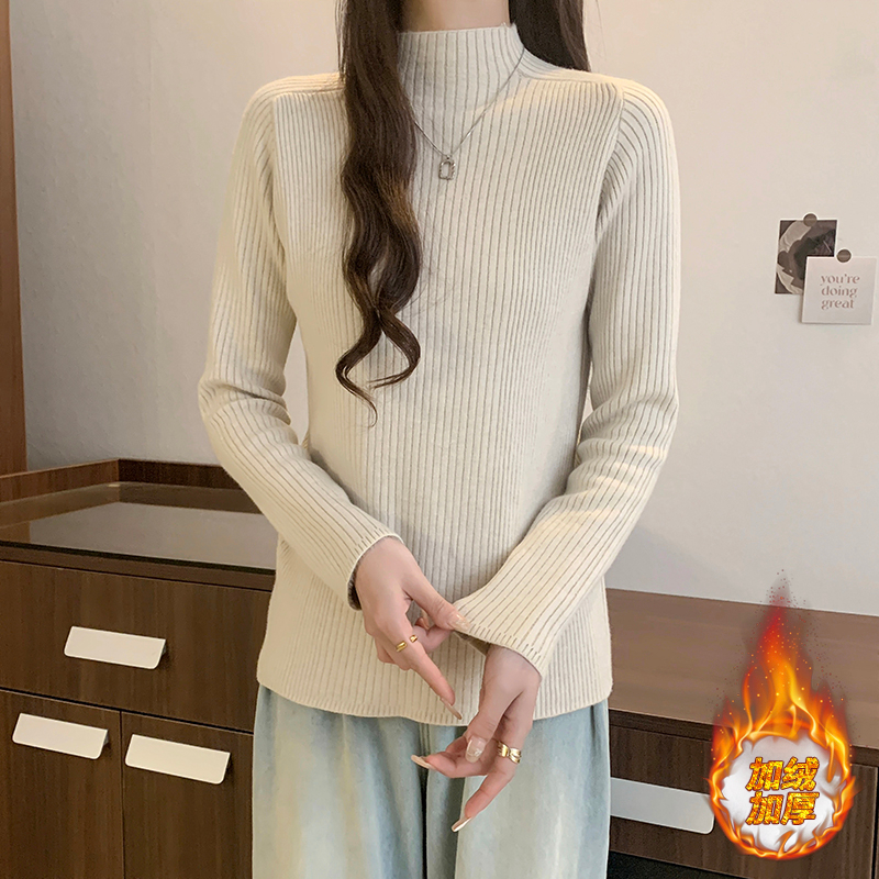 實拍仿貂毛一體絨加絨加厚設計感拼接半高領針織毛衣女