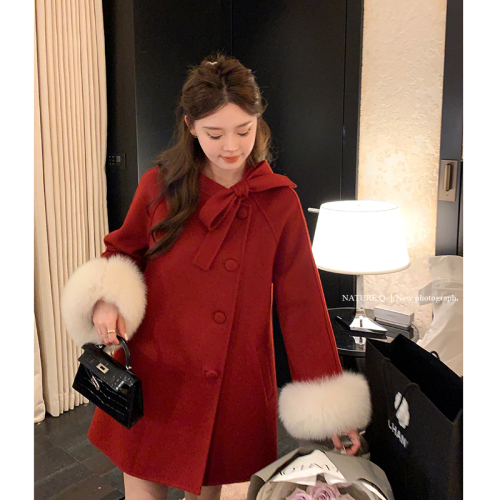 Woolen splicing fox fur cloak woolen coat for women red New Year woolen coat for women