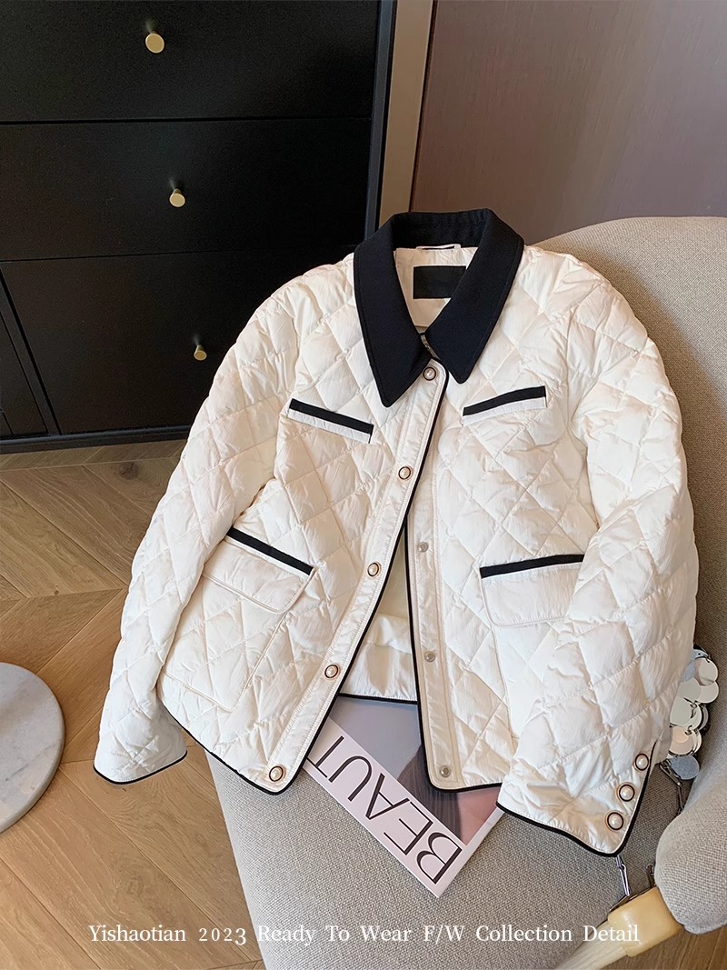 Xiaoxiangfeng black and white contrast diamond lapel cotton coat women's winter fashion high-end warm quilted jacket