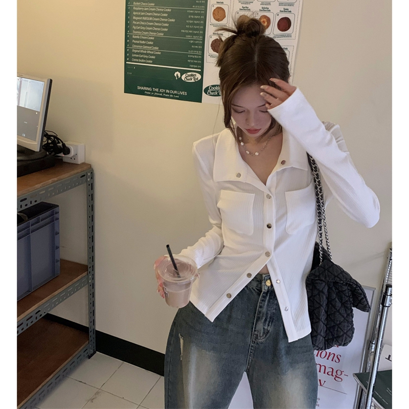 T-shirt women's spring and autumn short niche design slim hot girl polo shirt white tight long-sleeved cardigan top