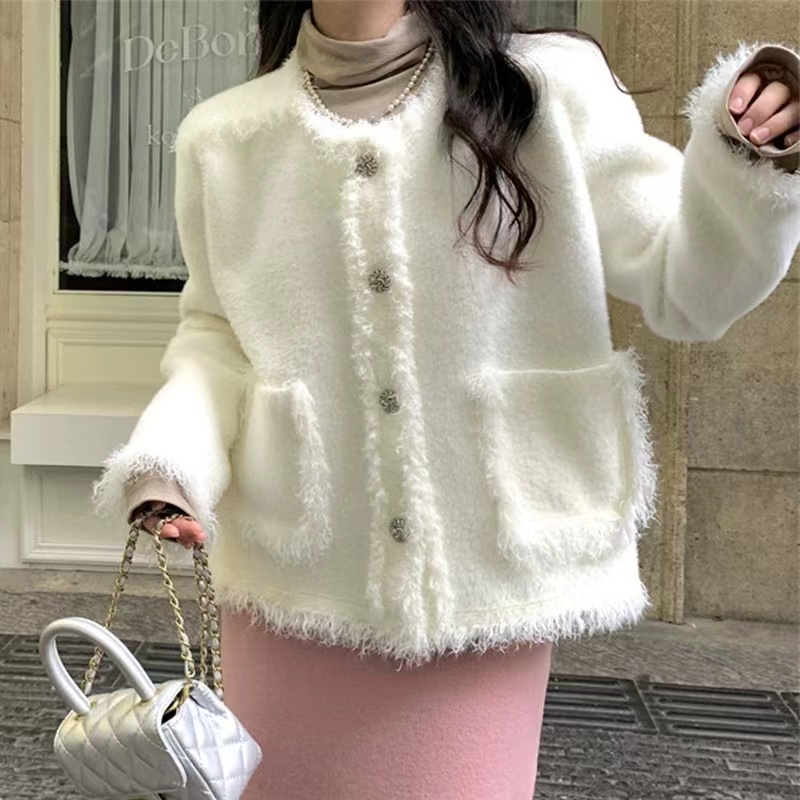 Imitation mink high-end small fragrance unique and chic imitation mink long-sleeved knitted sweater jacket for women