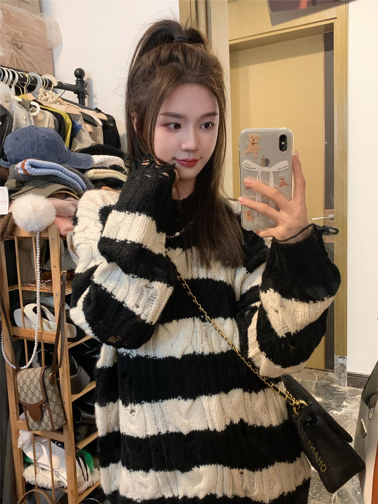 New style lazy design niche loose ripped hole twist pullover mid-length striped sweater for women