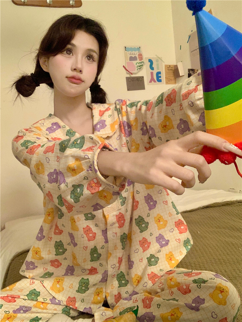Real shot Korean cartoon cotton brushed girl doll collar contrasting color lace loose spring and autumn home wear set