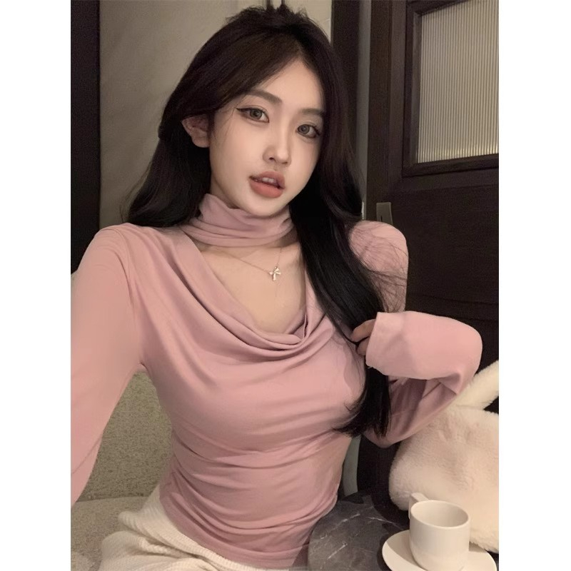 Official photo 92 rayon 8 spandex Gentle and Pure Desire Swing Collar Hollow T-shirt Autumn and Winter Slimming Bottoming Shirt