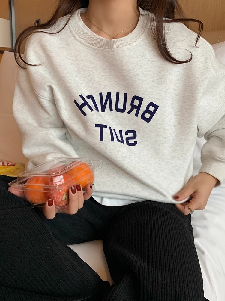 American trendy brand gray and white velvet thickened sweatshirt for women autumn and winter new style petite 2024 spring and autumn top