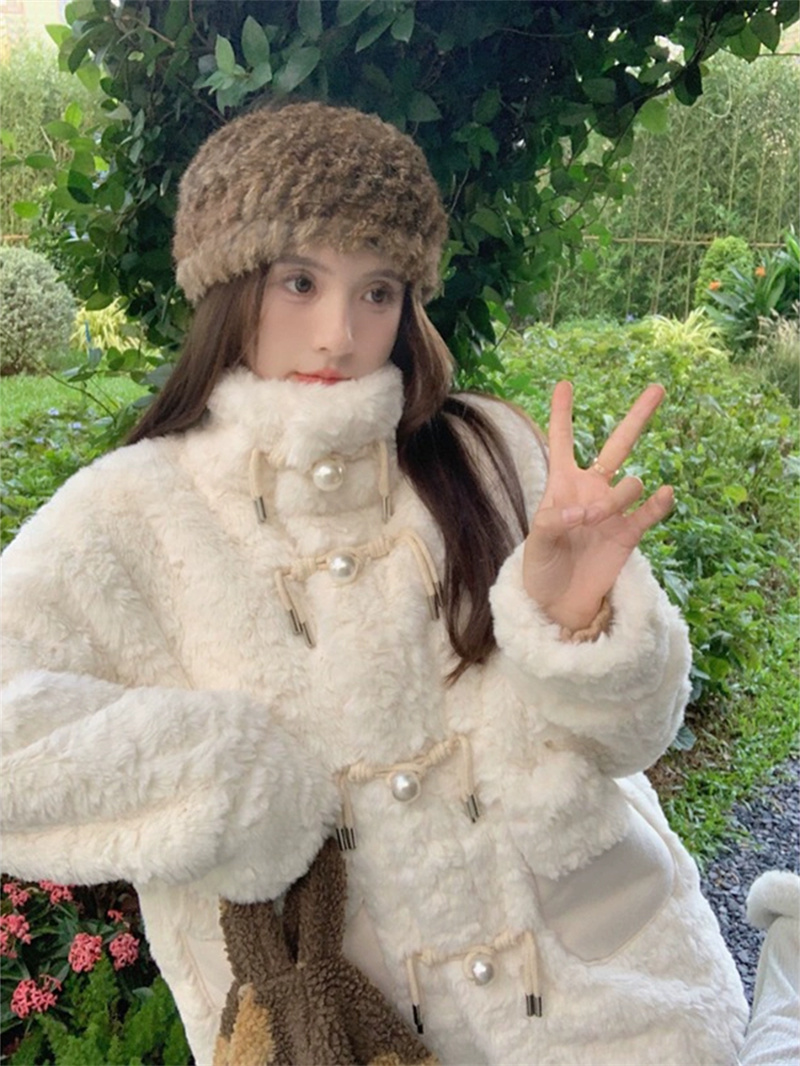 Korean style loose stand-up collar pearl button thickened plush coat women's new autumn and winter temperament versatile cardigan top