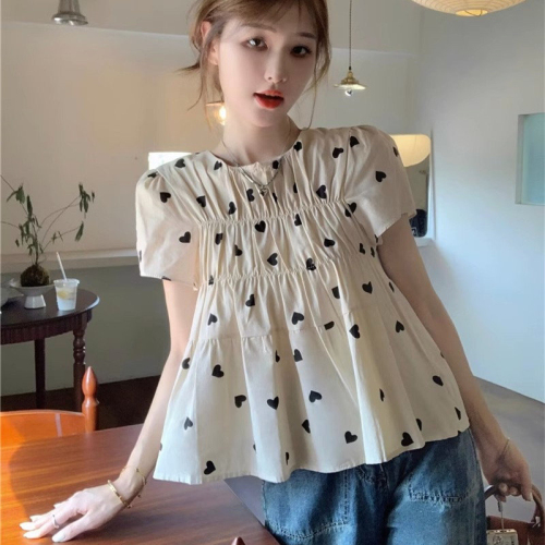 Summer 2024 new style French casual loose pleated top design niche printed short-sleeved shirt for women