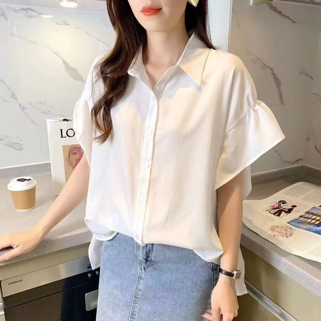 2024 Korean spring and summer new style lapel flying sleeves high-end drape fabric temperament chiffon shirt women's slim shirt