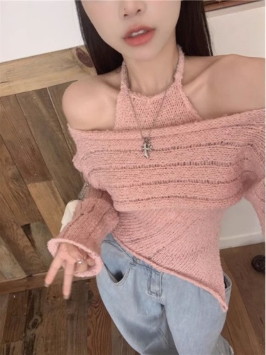 2024 Spring and Autumn New Irregular Slim Fit Halter Sling + Hollow Layer Sweater Sweater Set