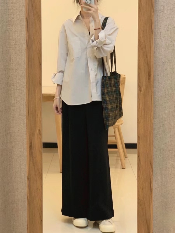 白色長袖襯衫女春夏季設計感小眾法式氣質休閒吊帶闊腿褲三件套裝
