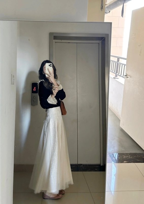 2024新款優雅高腰提花網紗拼接半身裙+荷葉邊絲絨長袖襯衫套裝裙