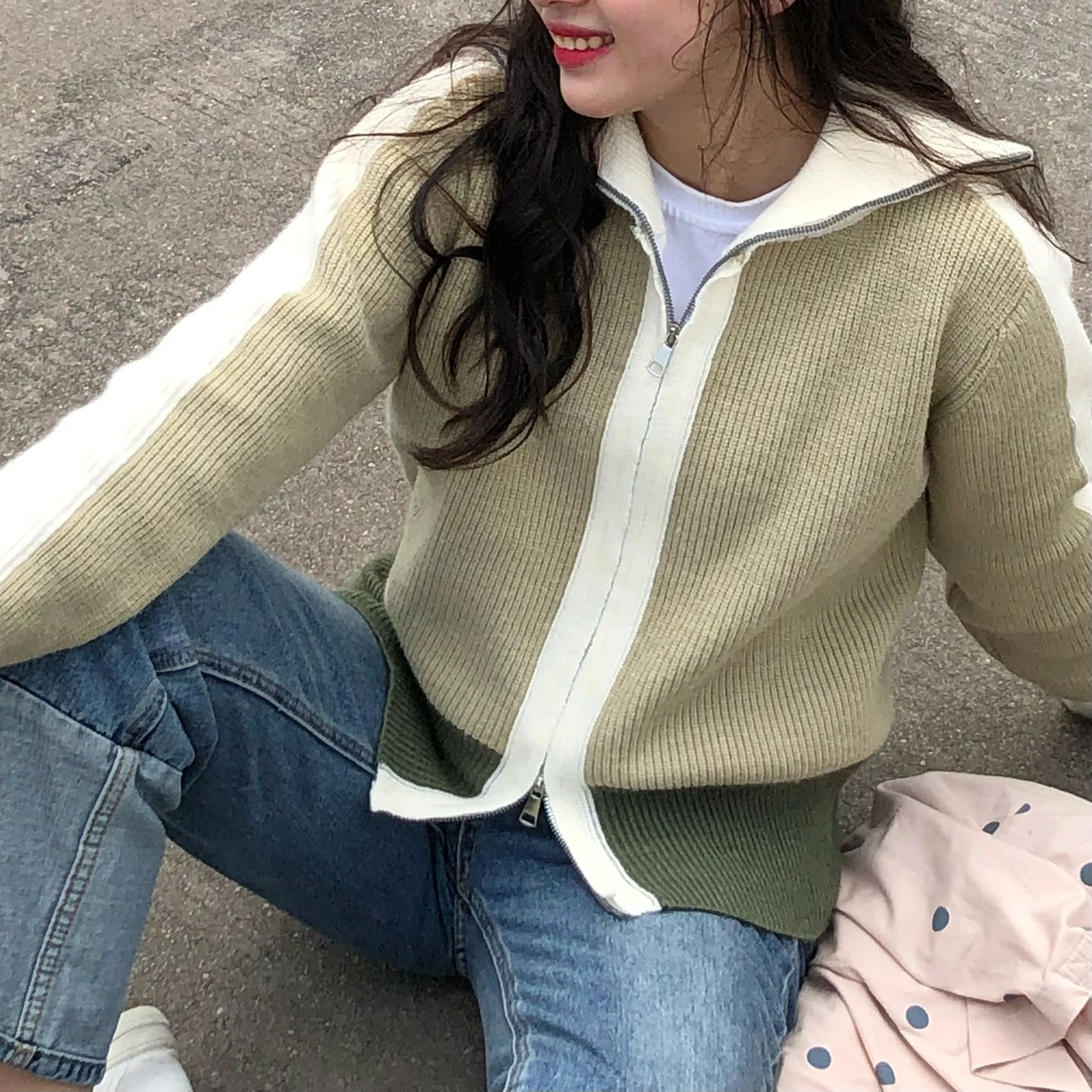 設計感撞色翻領秋冬奶fufu慵懶風毛衣女加厚針織衫拉鏈開衫外套潮