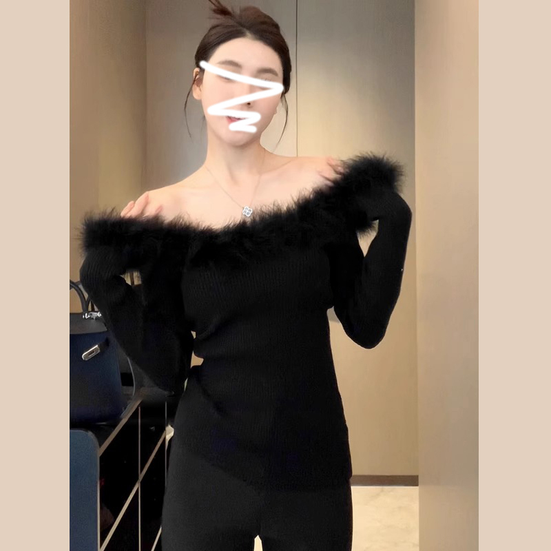 一字肩黑色毛衣內搭打底衫女秋冬季新款高級感針織衫露肩上衣