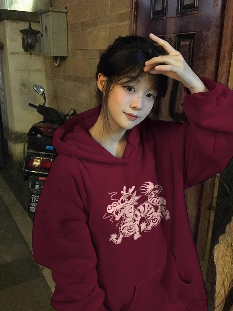 酒紅色連帽加絨衛衣女冬季加厚外套2024新春女裝龍年本命年衣服女