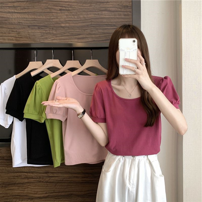 Puff sleeve T-shirt women's summer design low round neck slimming short-sleeved student top