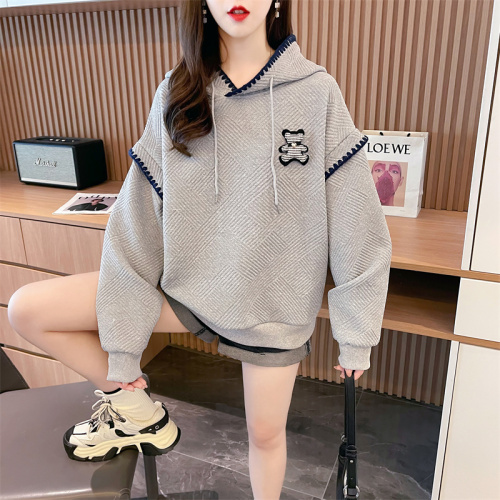 First real shot of hooded 315g Chinese cotton jacquard CVC thread Korean style contrasting color thin long-sleeved sweatshirt for women