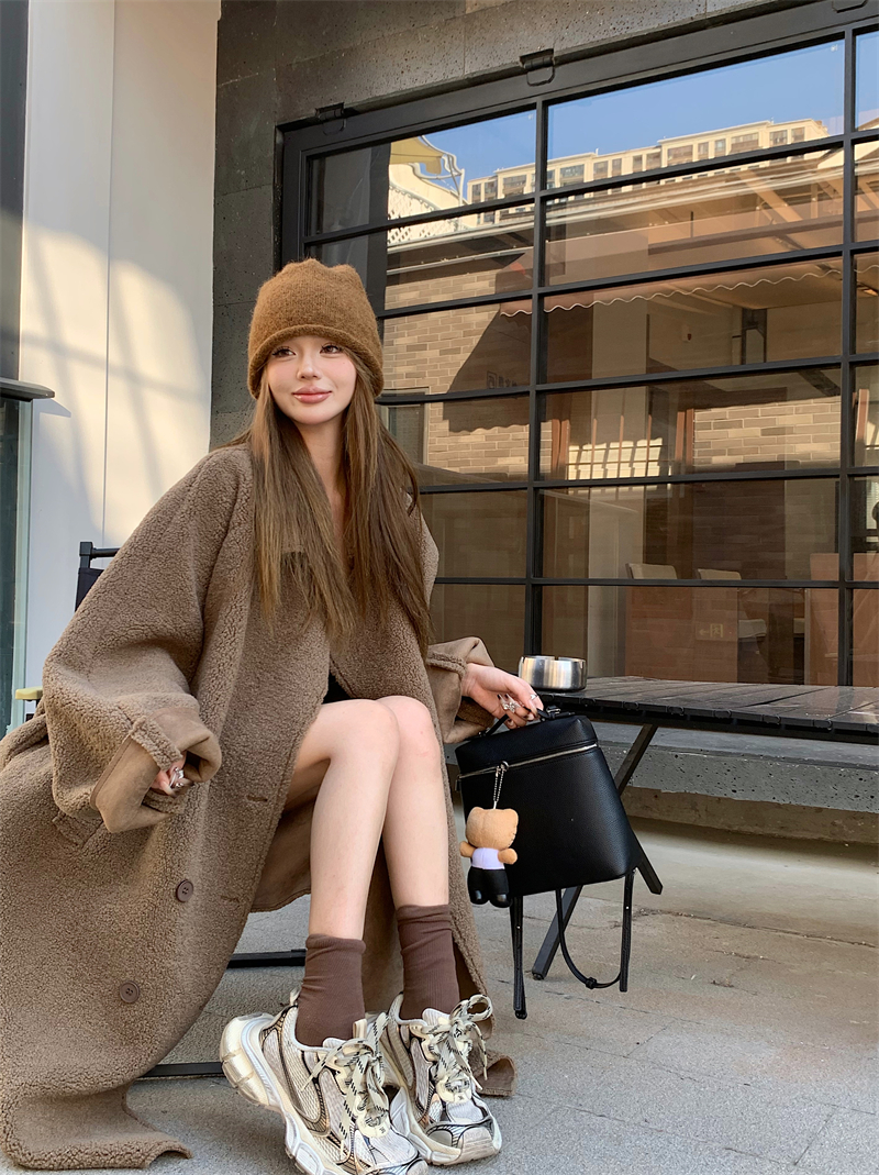 Real shot Korean style lamb wool cotton coat mid-length coat with fur integrated winter