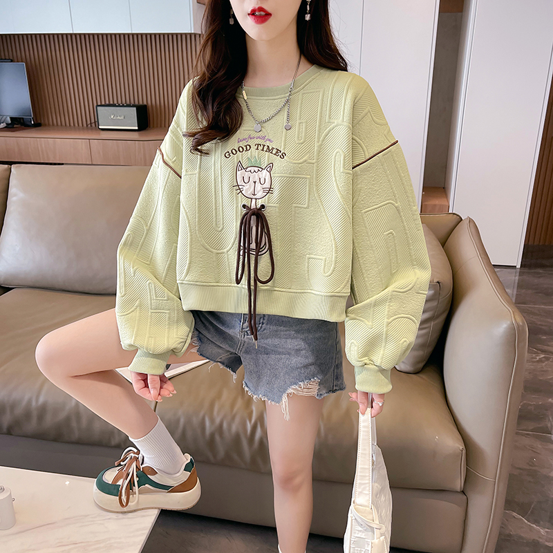 首發實拍仿棉提花後包領刺繡圓領衛衣女春秋季新款寬鬆減齡上衣